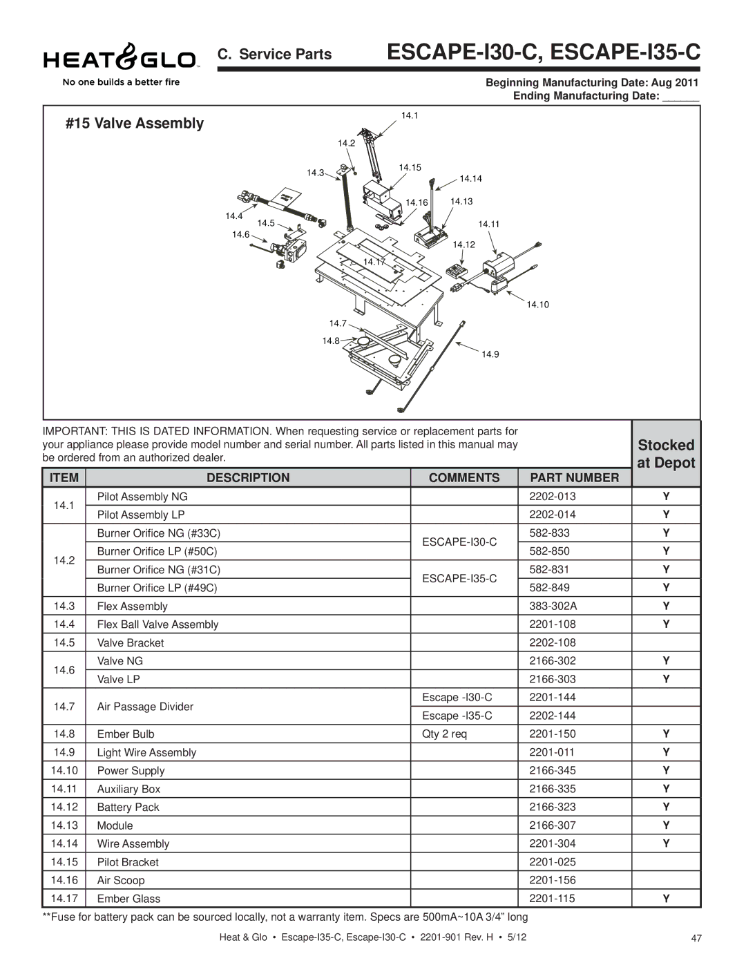 Heat & Glo LifeStyle owner manual Service Parts ESCAPE-I30-C, ESCAPE-I35-C, #15 Valve Assembly 