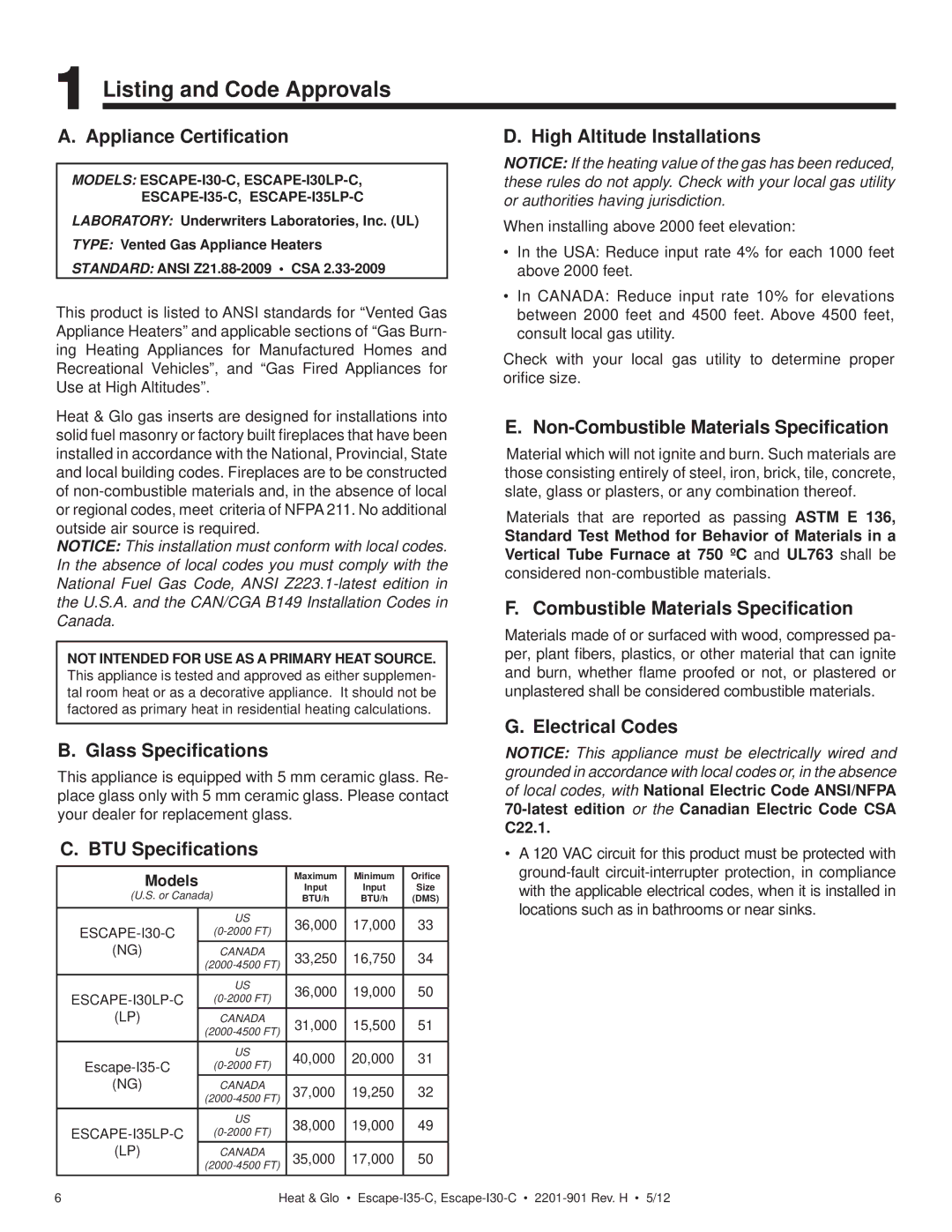 Heat & Glo LifeStyle ESCAPE-I35-C owner manual Listing and Code Approvals 