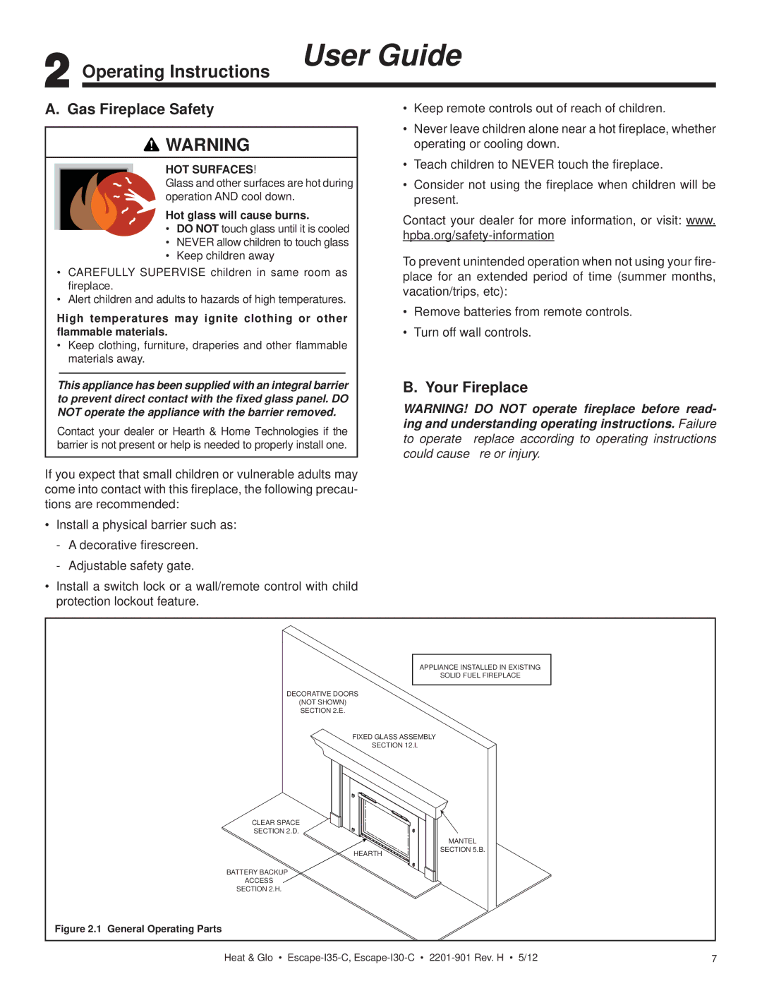 Heat & Glo LifeStyle ESCAPE-I35-C owner manual Operating Instructions User Guide, Gas Fireplace Safety, Your Fireplace 