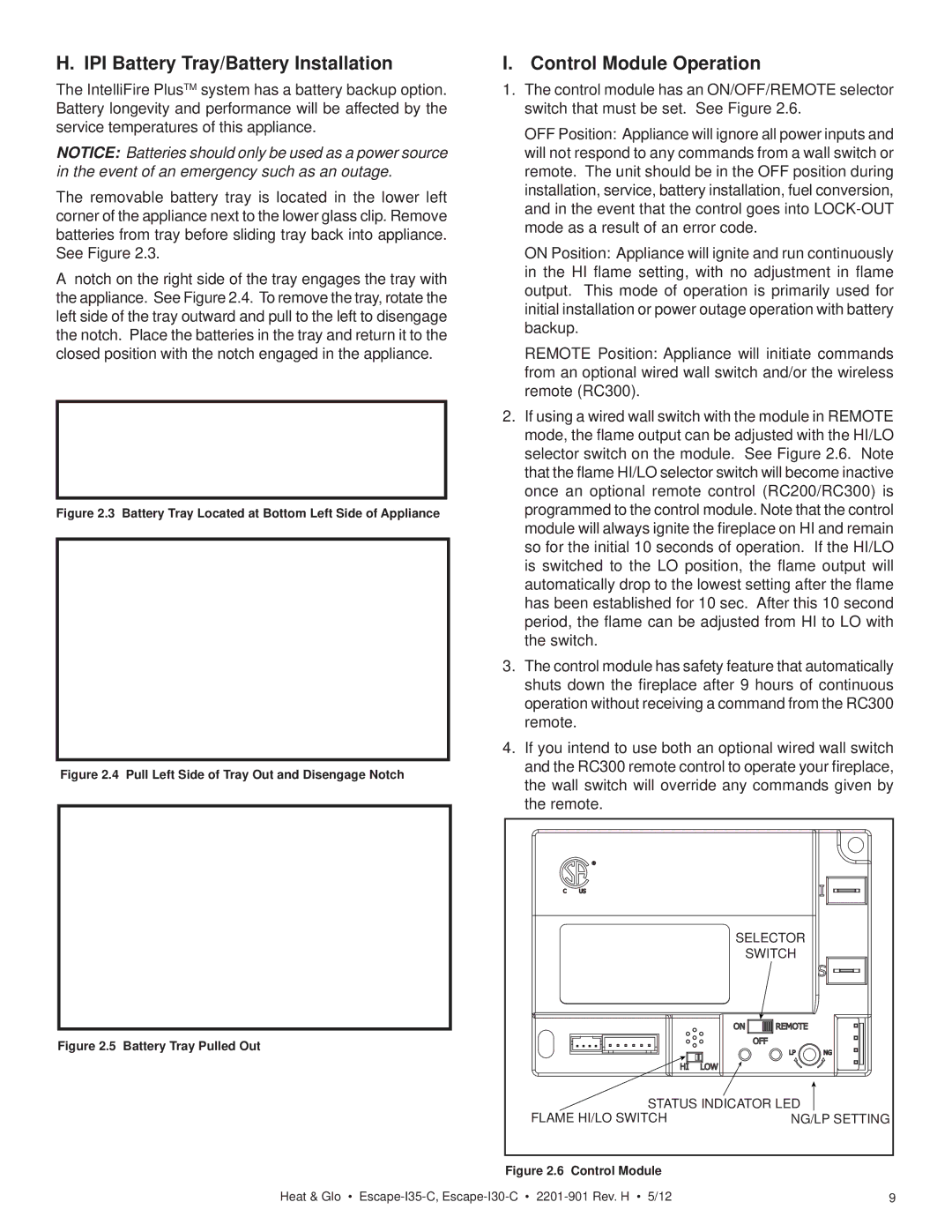 Heat & Glo LifeStyle ESCAPE-I35-C owner manual IPI Battery Tray/Battery Installation, Control Module Operation 