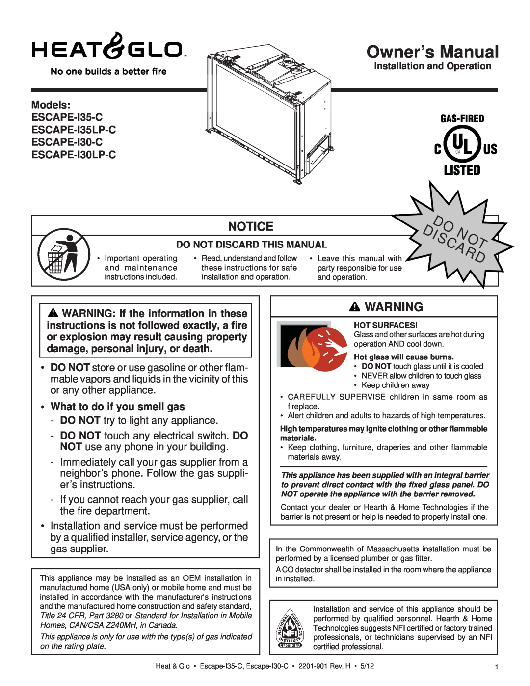 Heat & Glo LifeStyle ESCAPE-I35-C owner manual Notice, •What to do if you smell gas, Owner’s Manual 