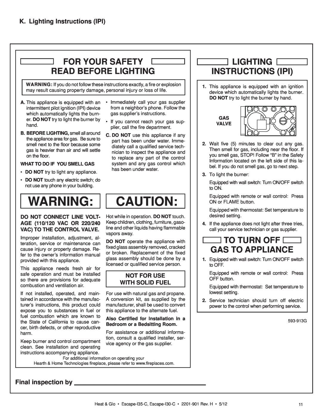 Heat & Glo LifeStyle ESCAPE-I35-C K. Lighting Instructions IPI, Final inspection by, For Your Safety Read Before Lighting 