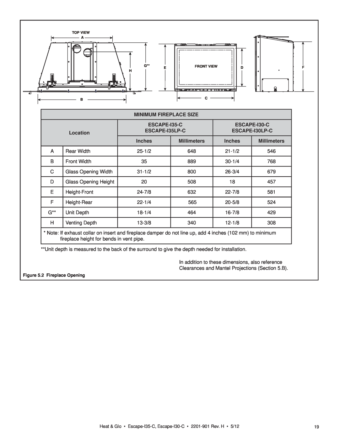 Heat & Glo LifeStyle ESCAPE-I35-C Minimum Fireplace Size, ESCAPE-I30-C, Location, ESCAPE-I35LP-C, ESCAPE-I30LP-C, Inches 