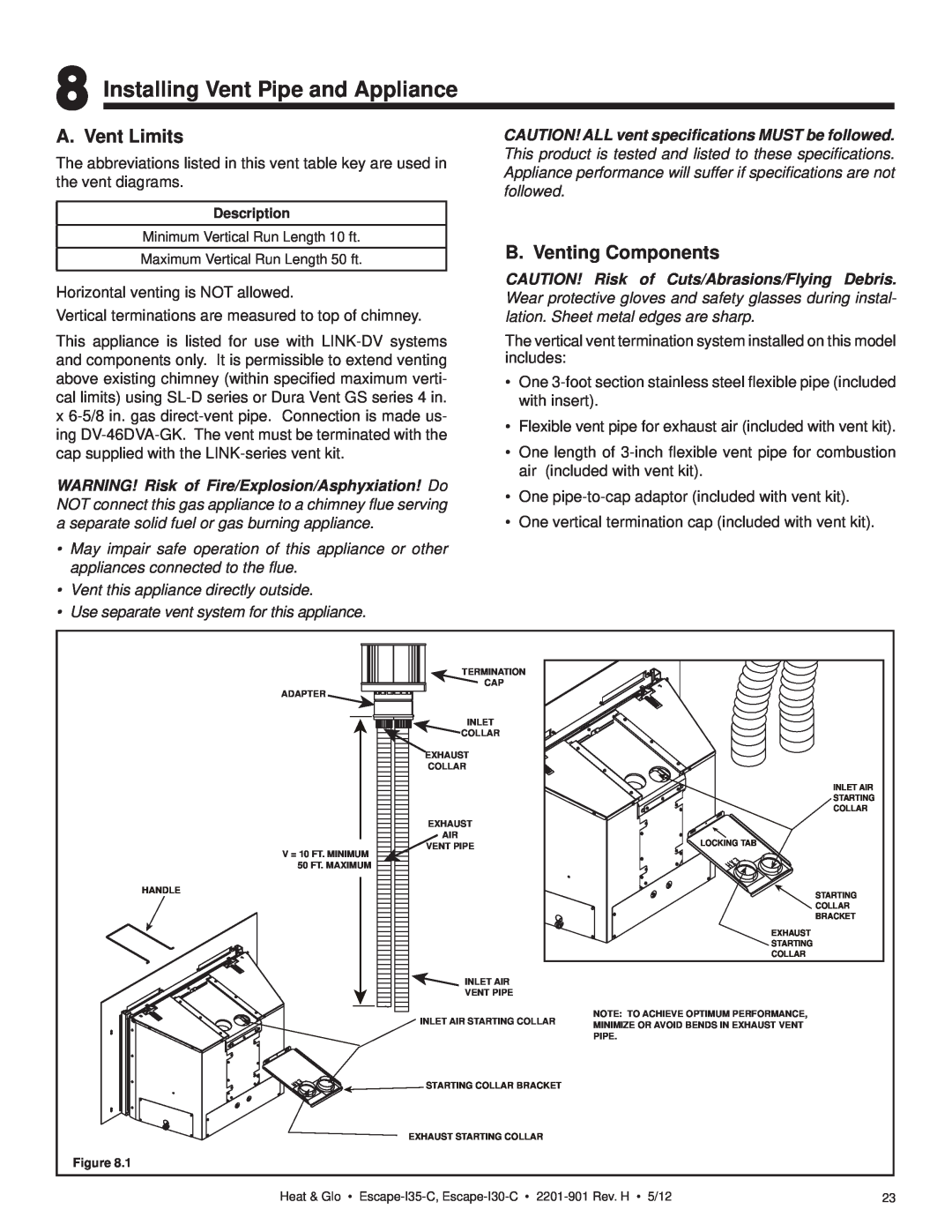Heat & Glo LifeStyle ESCAPE-I35-C owner manual Installing Vent Pipe and Appliance, A. Vent Limits, B. Venting Components 