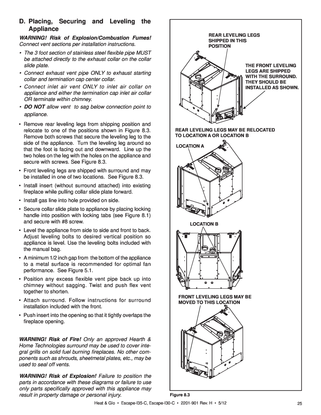 Heat & Glo LifeStyle ESCAPE-I35-C owner manual D. Placing, Securing and Leveling the Appliance 