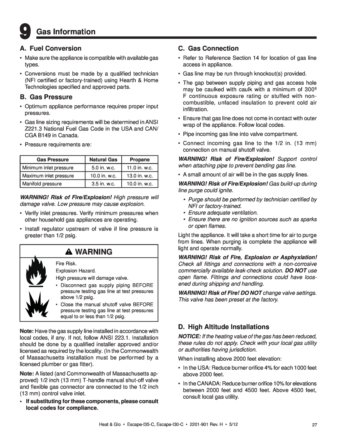 Heat & Glo LifeStyle ESCAPE-I35-C owner manual Gas Information, A. Fuel Conversion, B. Gas Pressure, C. Gas Connection 