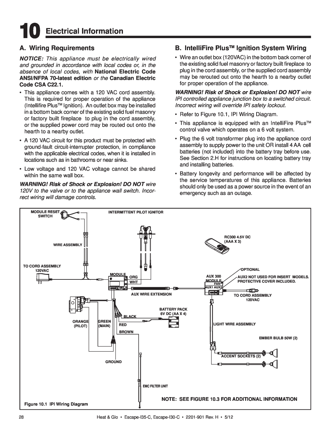 Heat & Glo LifeStyle ESCAPE-I35-C owner manual Electrical Information, A. Wiring Requirements 