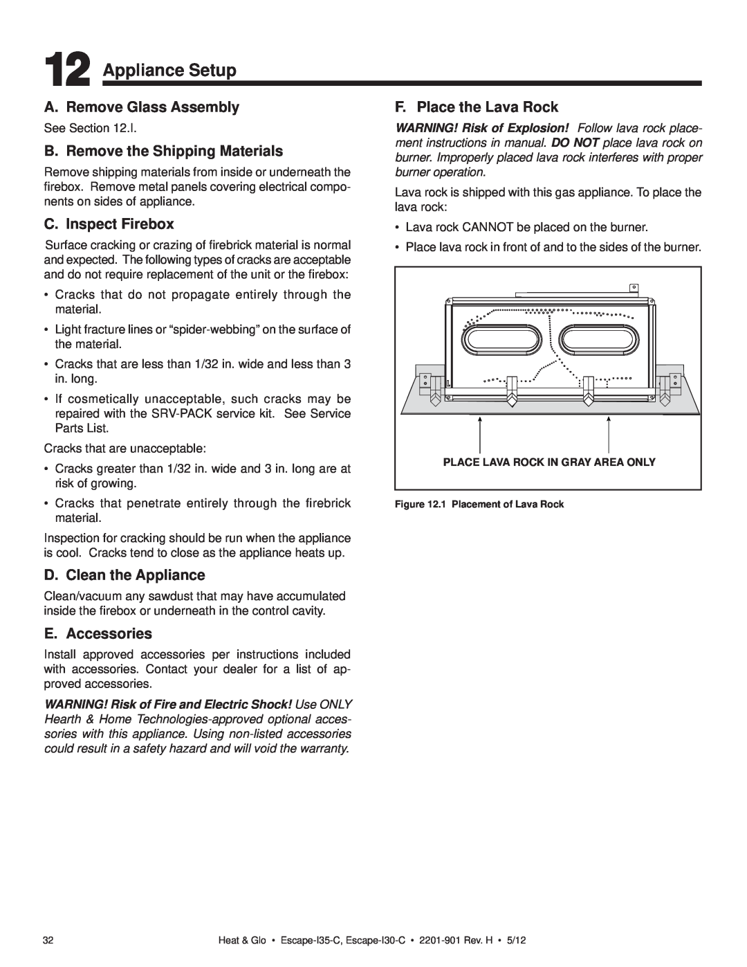 Heat & Glo LifeStyle ESCAPE-I35-C owner manual Appliance Setup, A. Remove Glass Assembly, B. Remove the Shipping Materials 