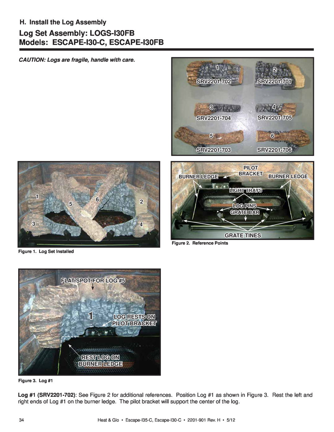 Heat & Glo LifeStyle ESCAPE-I35-C owner manual Log Set Assembly: LOGS-I30FB, Models: ESCAPE-I30-C, ESCAPE-I30FB 