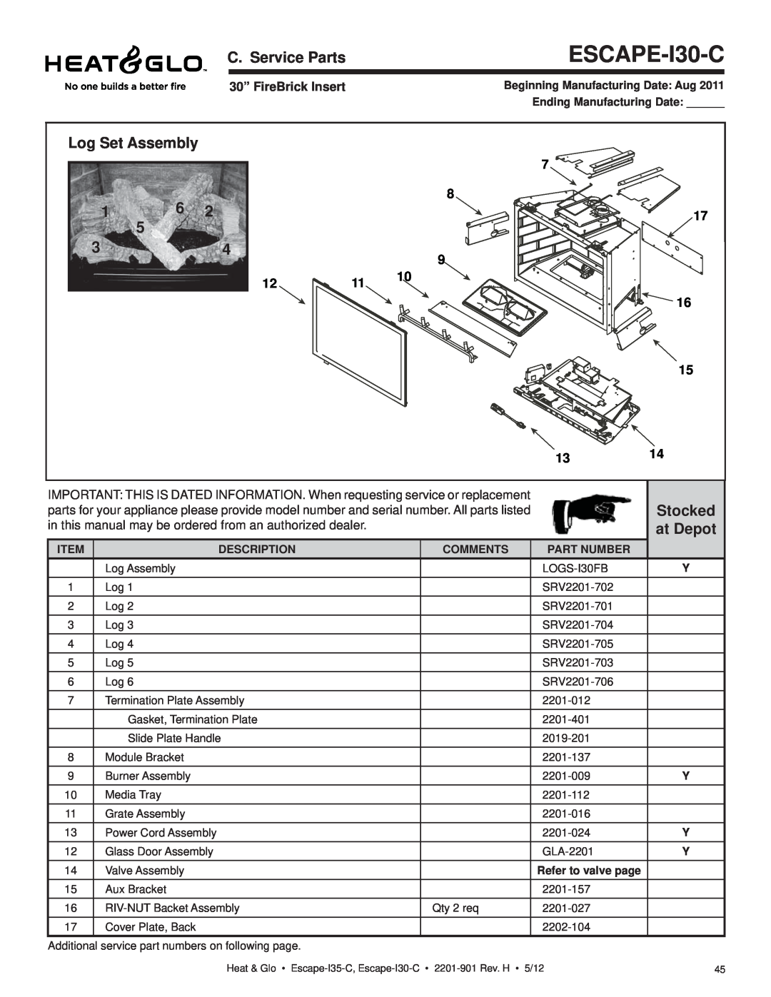 Heat & Glo LifeStyle ESCAPE-I35-C owner manual ESCAPE-I30-C, C. Service Parts, Log Set Assembly, at Depot, Stocked 