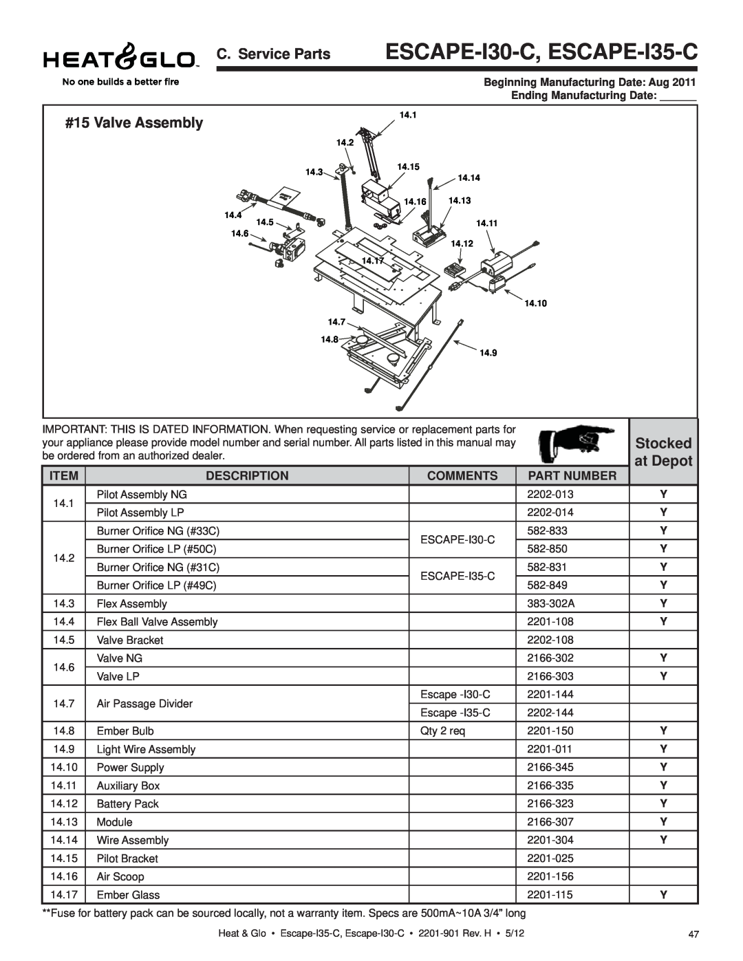 Heat & Glo LifeStyle owner manual C. Service Parts ESCAPE-I30-C, ESCAPE-I35-C, #15 Valve Assembly, at Depot, Stocked 