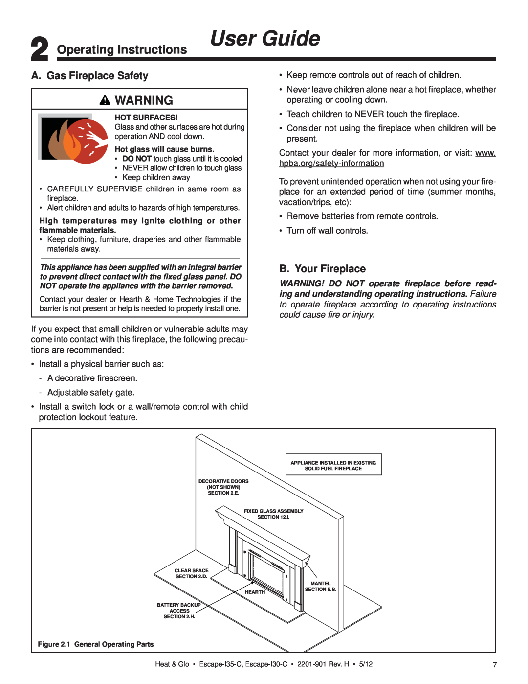 Heat & Glo LifeStyle ESCAPE-I35-C Operating Instructions User Guide, A. Gas Fireplace Safety, B. Your Fireplace 