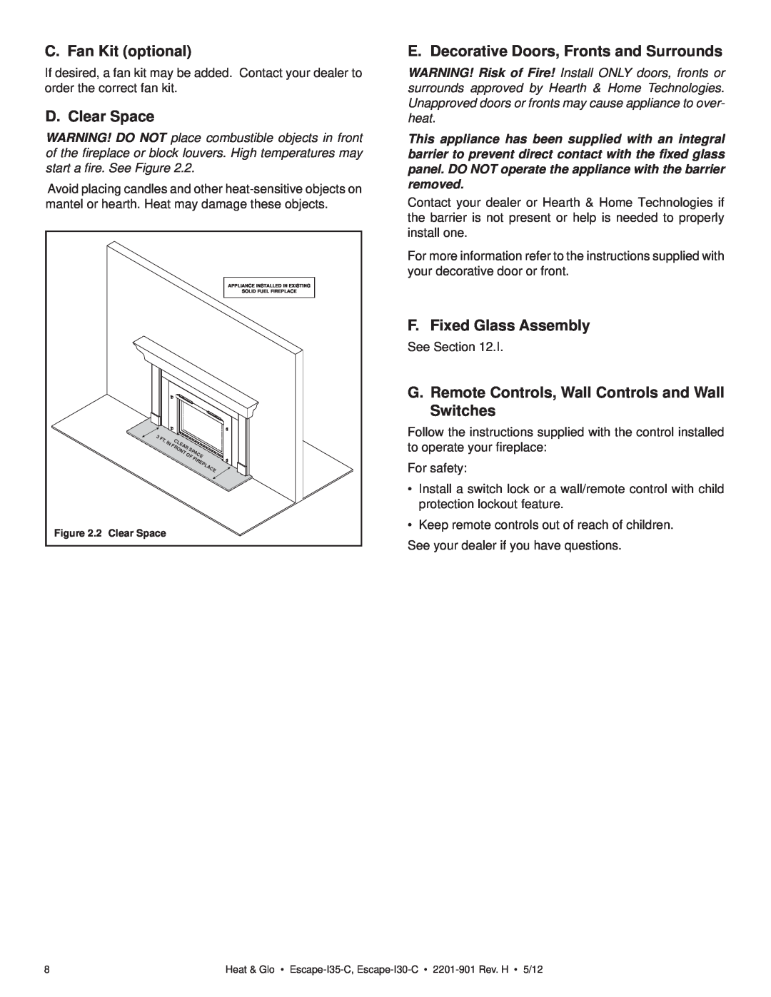 Heat & Glo LifeStyle ESCAPE-I35-C C. Fan Kit optional, D. Clear Space, E. Decorative Doors, Fronts and Surrounds 