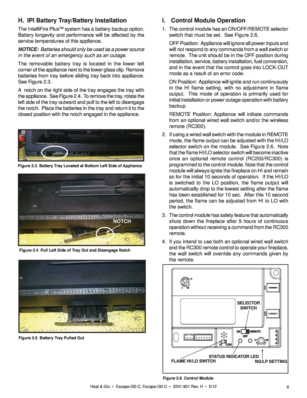 Heat & Glo LifeStyle ESCAPE-I35-C owner manual H. IPI Battery Tray/Battery Installation, I. Control Module Operation, Notch 