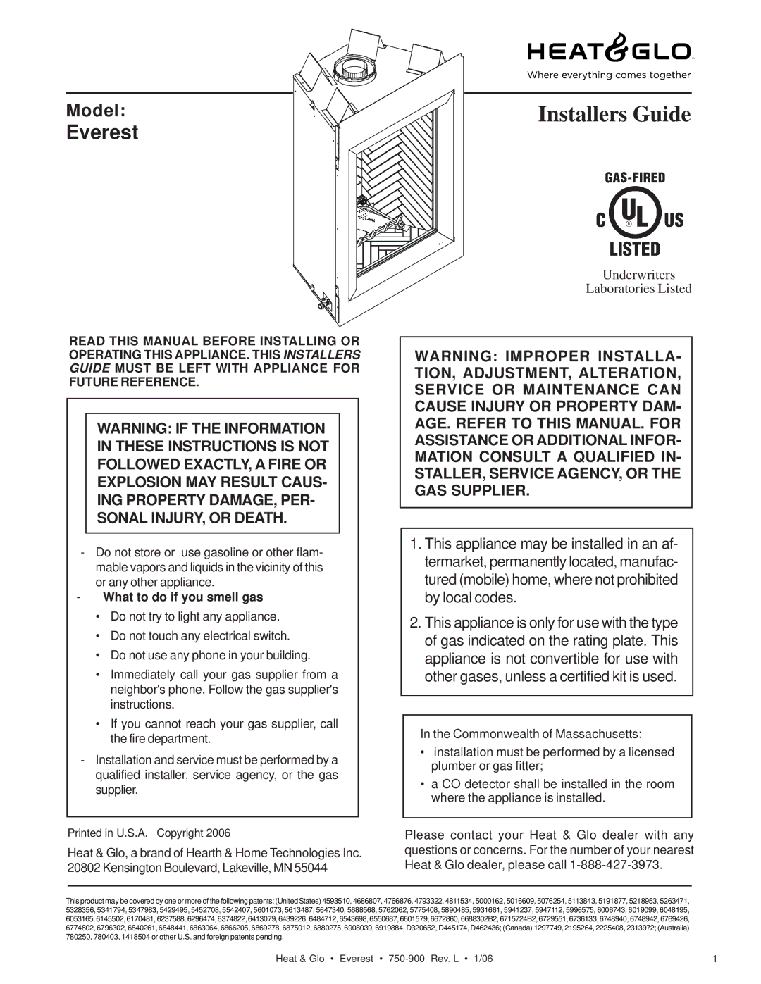 Heat & Glo LifeStyle EVEREST manual Installers Guide, What to do if you smell gas 