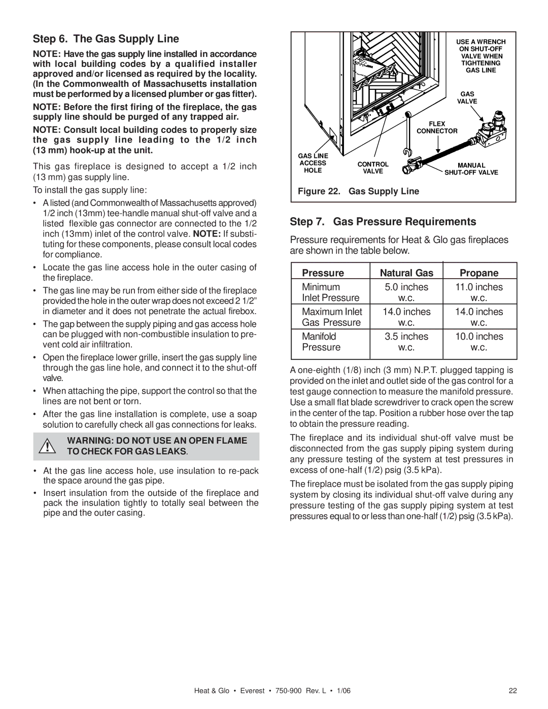 Heat & Glo LifeStyle EVEREST manual Gas Supply Line, Gas Pressure Requirements, To Check for GAS Leaks 