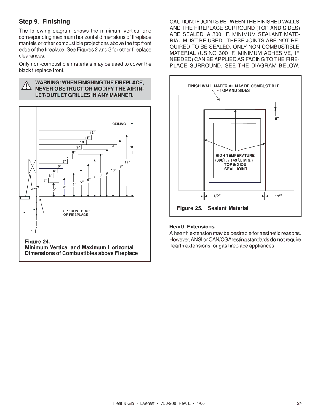 Heat & Glo LifeStyle EVEREST manual Finishing, LET/OUTLET Grilles in ANY Manner, Sealant Material Hearth Extensions 