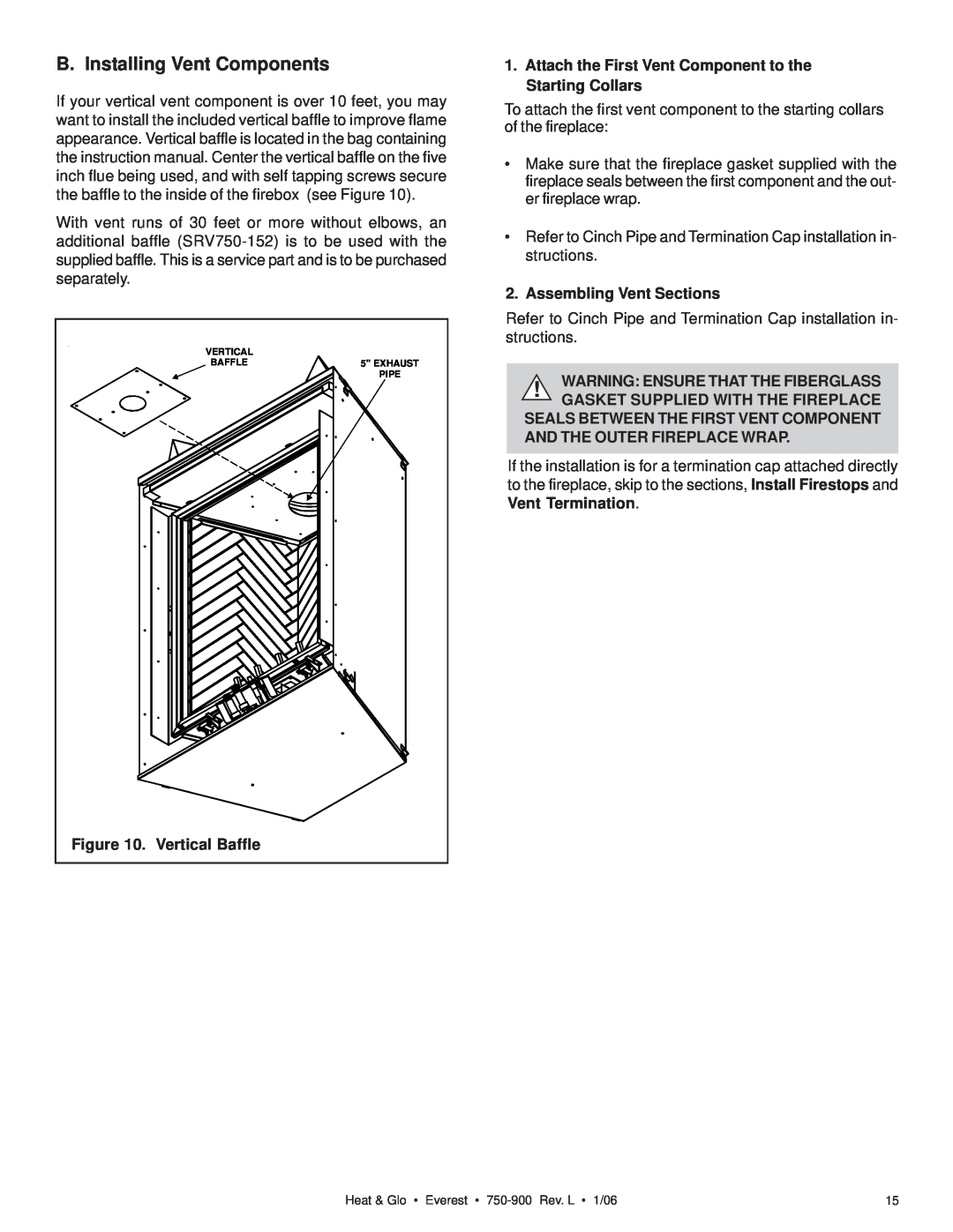 Heat & Glo LifeStyle EVEREST manual B. Installing Vent Components, Vertical Baffle, Assembling Vent Sections 