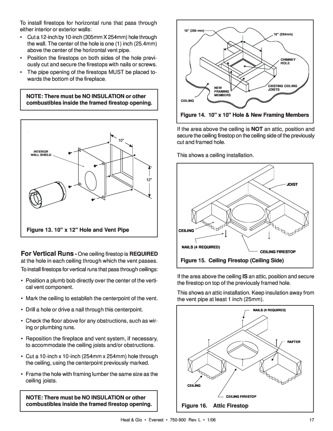Heat & Glo LifeStyle EVEREST manual 10 x 12 Hole and Vent Pipe, Ceiling Firestop Ceiling Side, Attic Firestop 