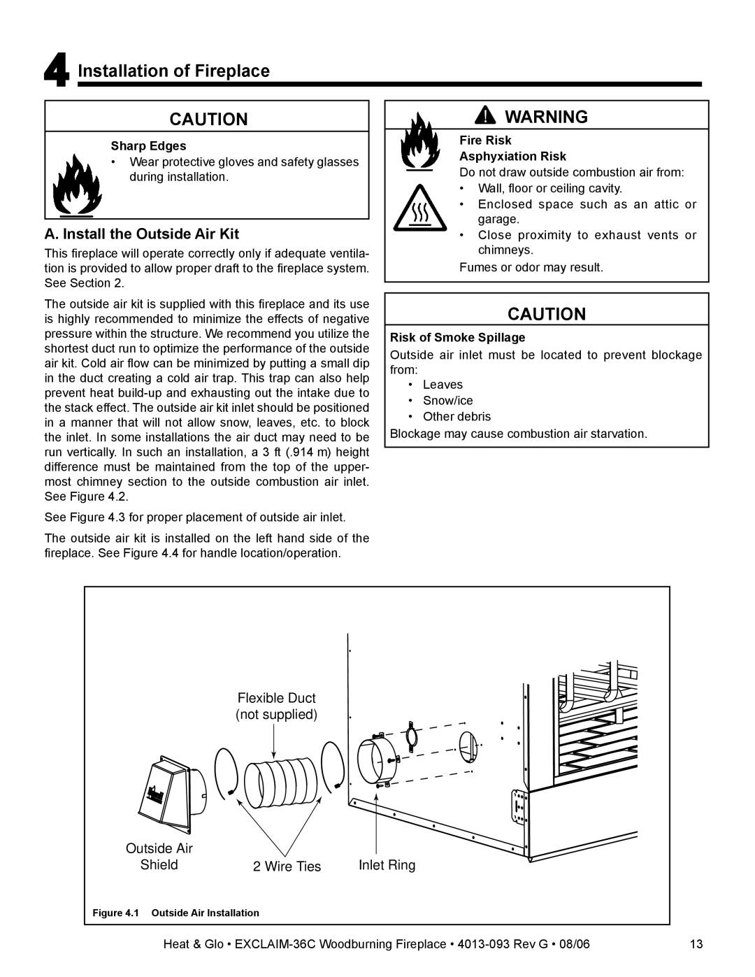 Heat & Glo LifeStyle EXCLAIM-36T-C Installation of Fireplace, Install the Outside Air Kit, Risk of Smoke Spillage 