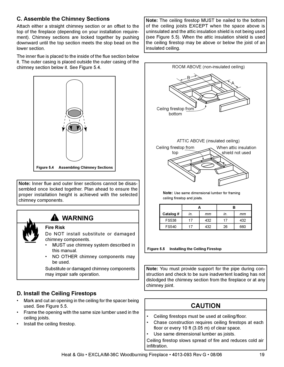 Heat & Glo LifeStyle EXCLAIM-36T-C, EXCLAIM-36H-C owner manual Assemble the Chimney Sections, Install the Ceiling Firestops 