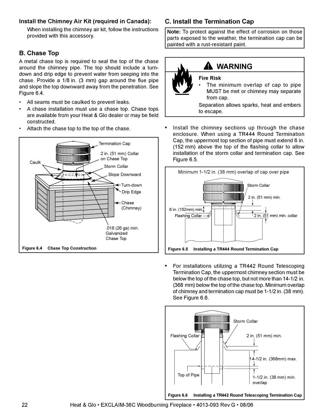 Heat & Glo LifeStyle EXCLAIM-36H-C Chase Top, Install the Termination Cap, Install the Chimney Air Kit required in Canada 