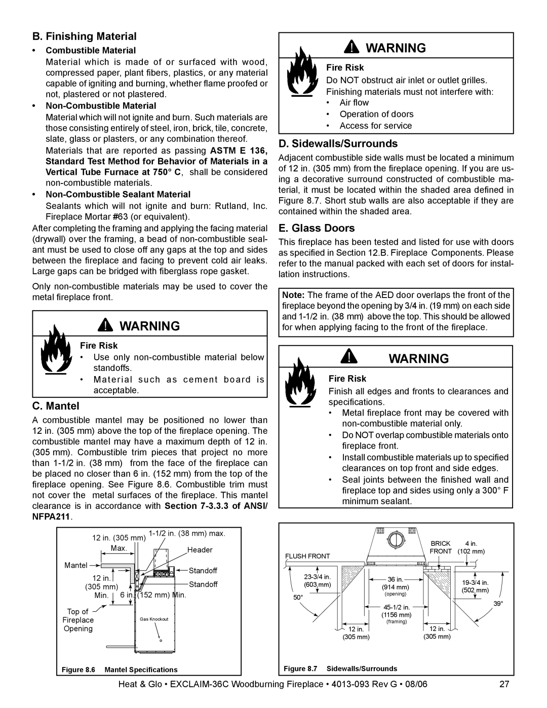 Heat & Glo LifeStyle EXCLAIM-36T-C, EXCLAIM-36H-C Finishing Material, Mantel, Glass Doors, Non-Combustible Material 