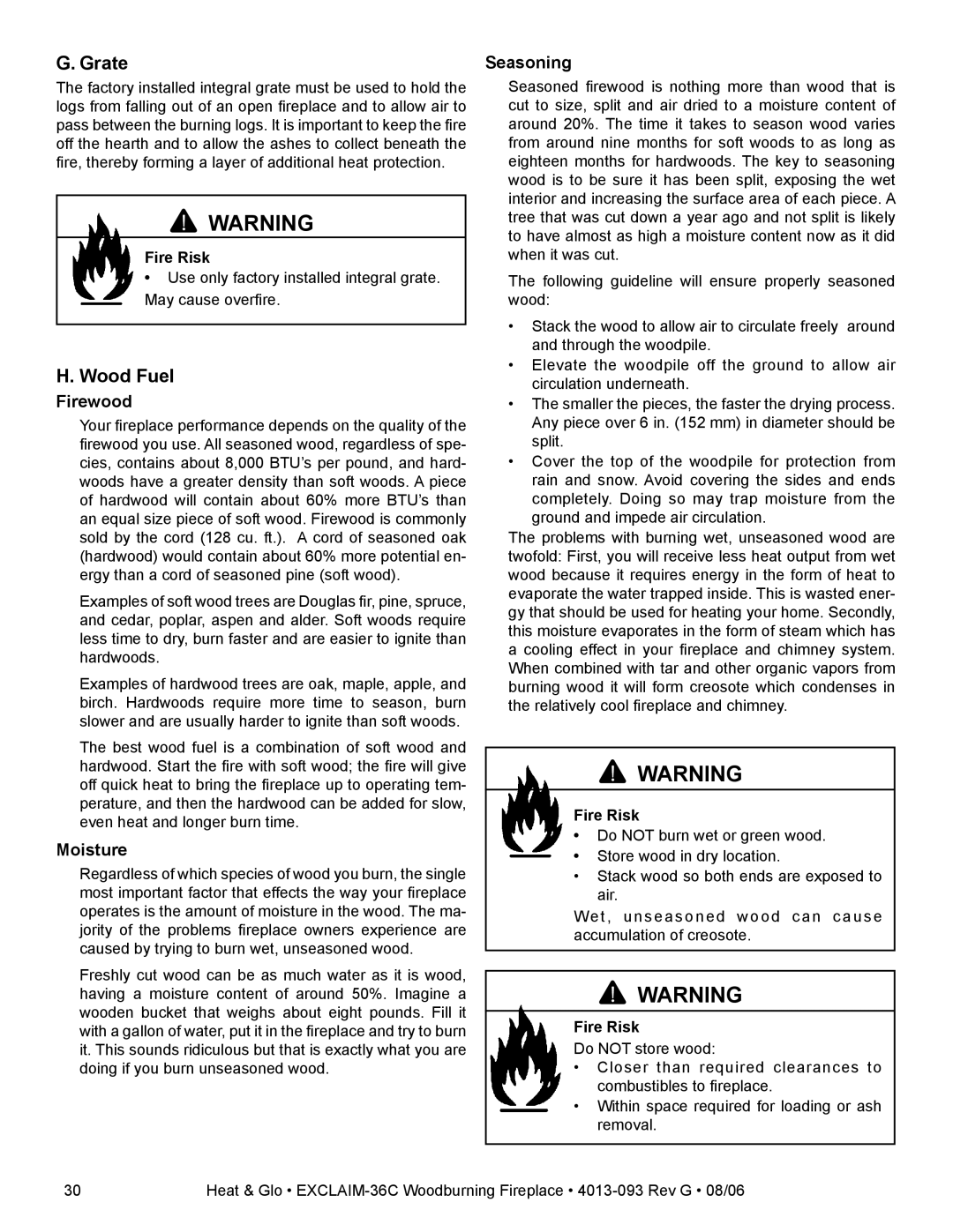 Heat & Glo LifeStyle EXCLAIM-36H-C, EXCLAIM-36T-C owner manual Grate, Wood Fuel, Firewood, Moisture, Seasoning 