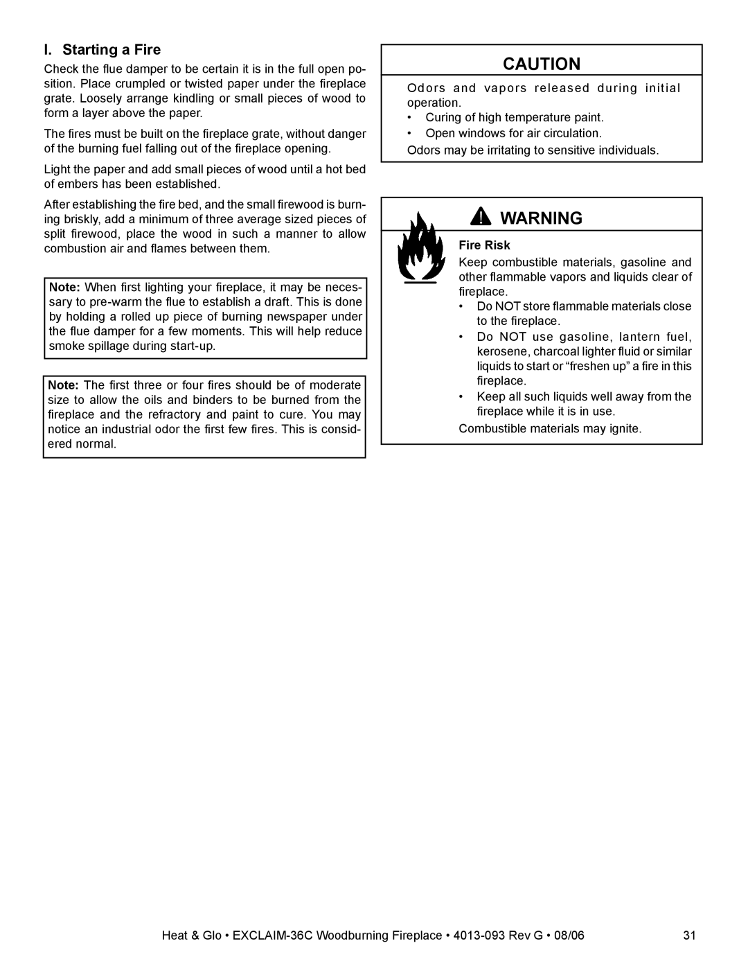 Heat & Glo LifeStyle EXCLAIM-36T-C, EXCLAIM-36H-C owner manual Starting a Fire 