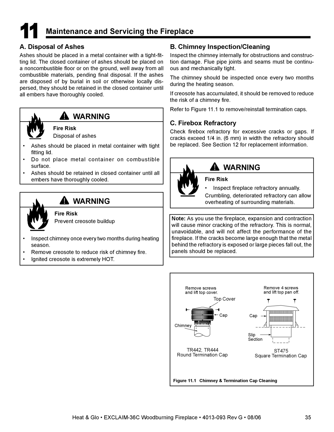 Heat & Glo LifeStyle EXCLAIM-36T-C Maintenance and Servicing the Fireplace, Disposal of Ashes, Chimney Inspection/Cleaning 