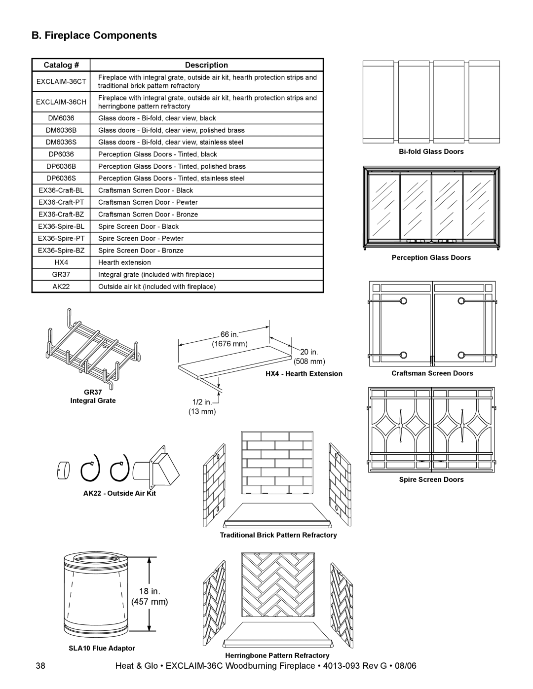 Heat & Glo LifeStyle EXCLAIM-36H-C, EXCLAIM-36T-C owner manual Fireplace Components, Catalog # Description 