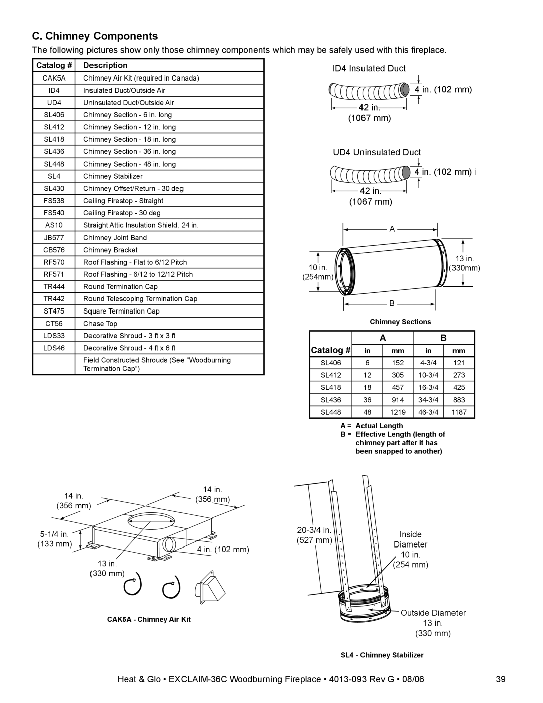 Heat & Glo LifeStyle EXCLAIM-36T-C, EXCLAIM-36H-C owner manual Chimney Components, Catalog # 