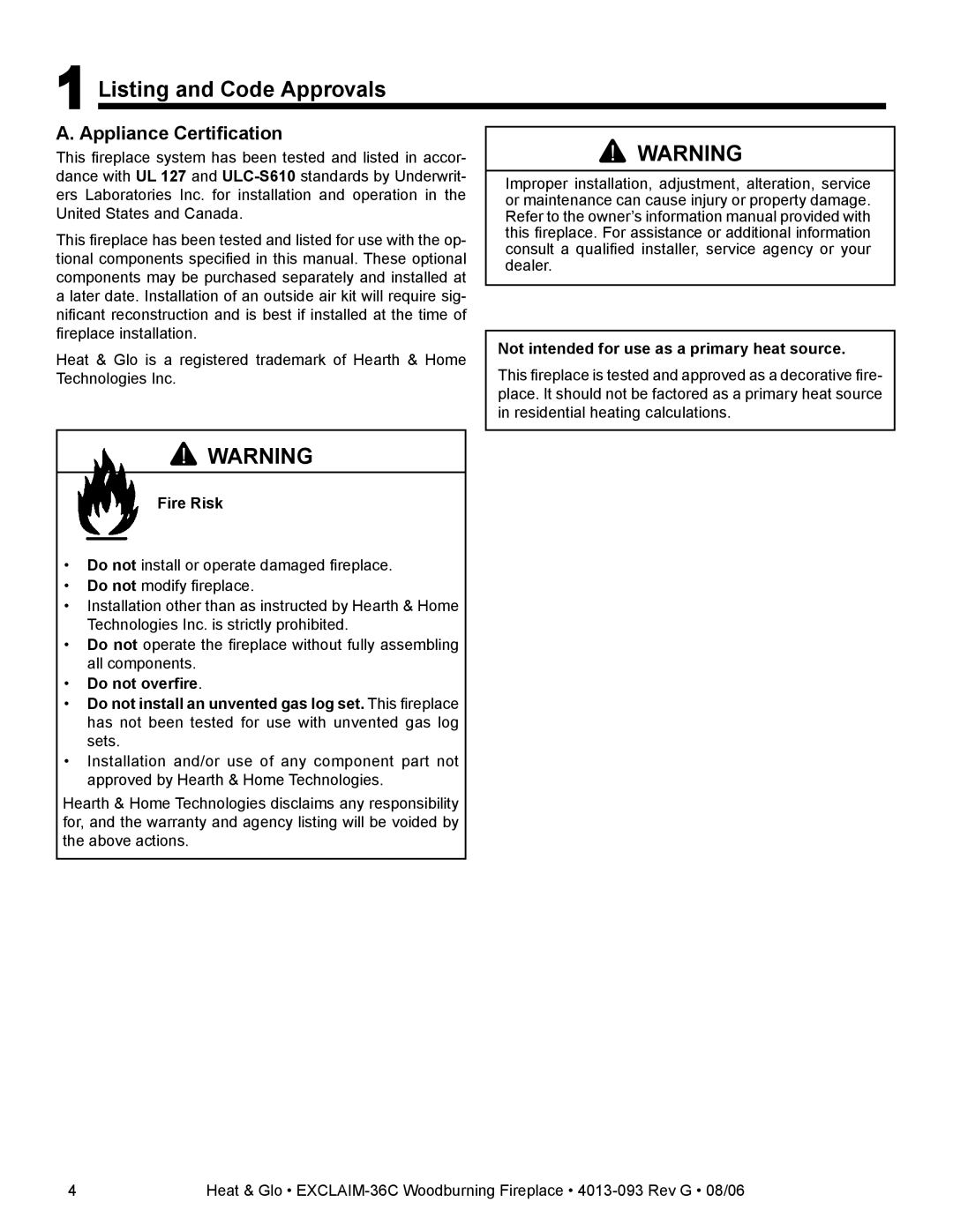 Heat & Glo LifeStyle EXCLAIM-36H-C, EXCLAIM-36T-C owner manual Listing and Code Approvals, Appliance Certiﬁcation 