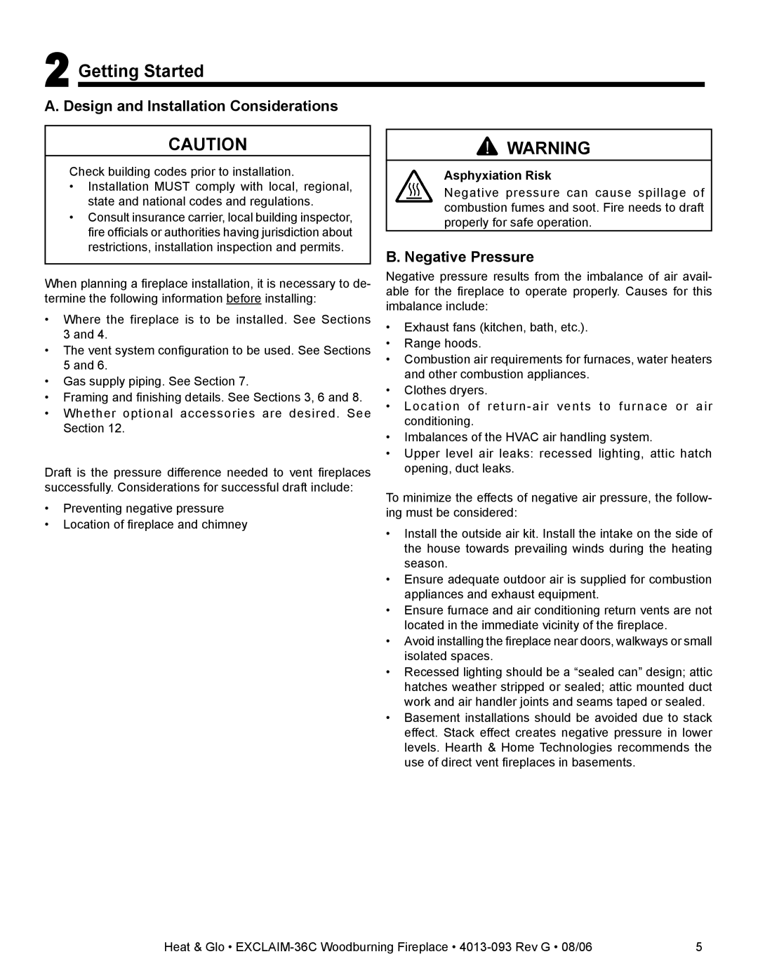 Heat & Glo LifeStyle EXCLAIM-36T-C owner manual Getting Started, Design and Installation Considerations, Negative Pressure 