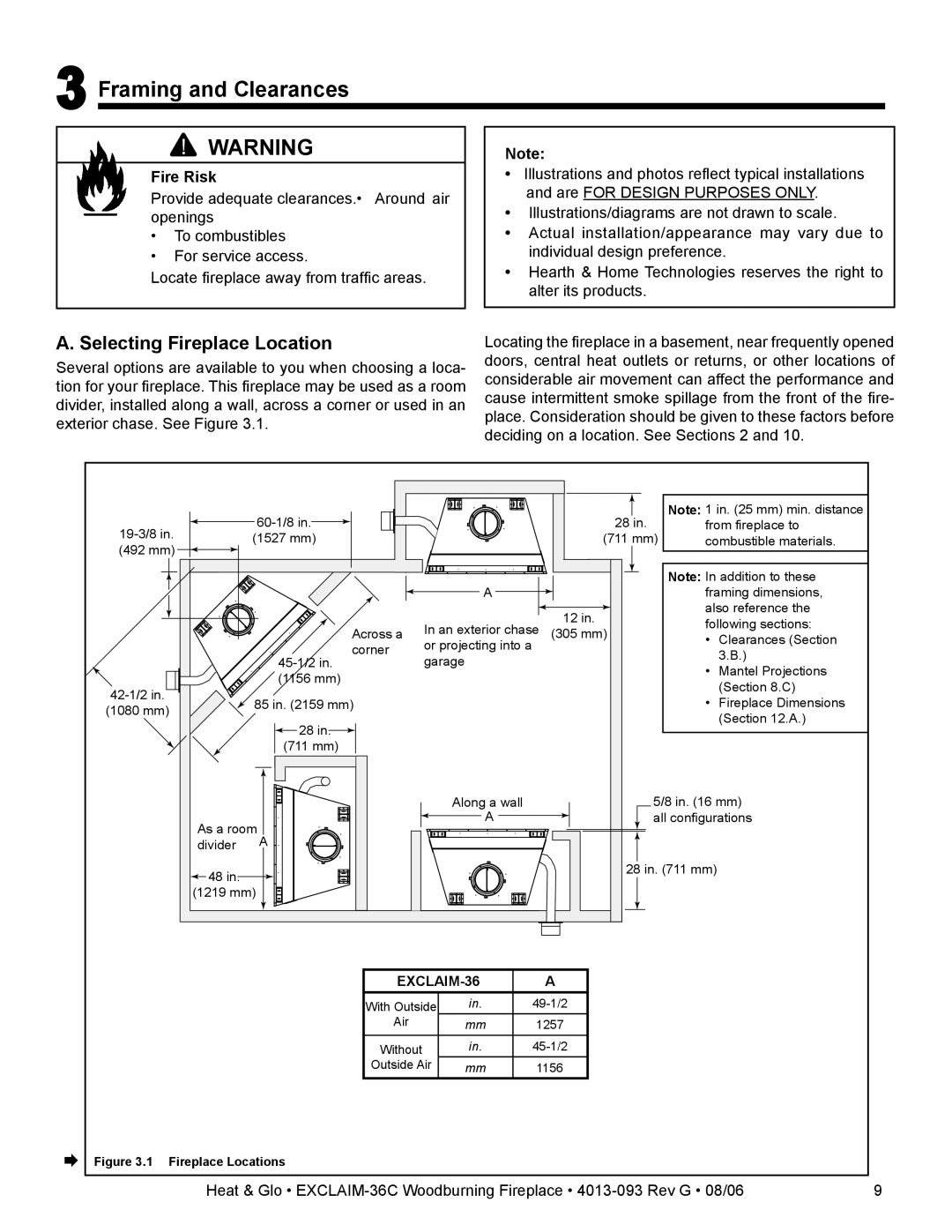 Heat & Glo LifeStyle EXCLAIM-36T-C, EXCLAIM-36H-C owner manual Framing and Clearances, Selecting Fireplace Location 