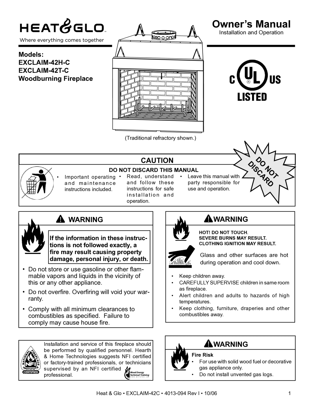 Heat & Glo LifeStyle owner manual EXCLAIM-42H-C EXCLAIM-42T-C, Fire Risk 