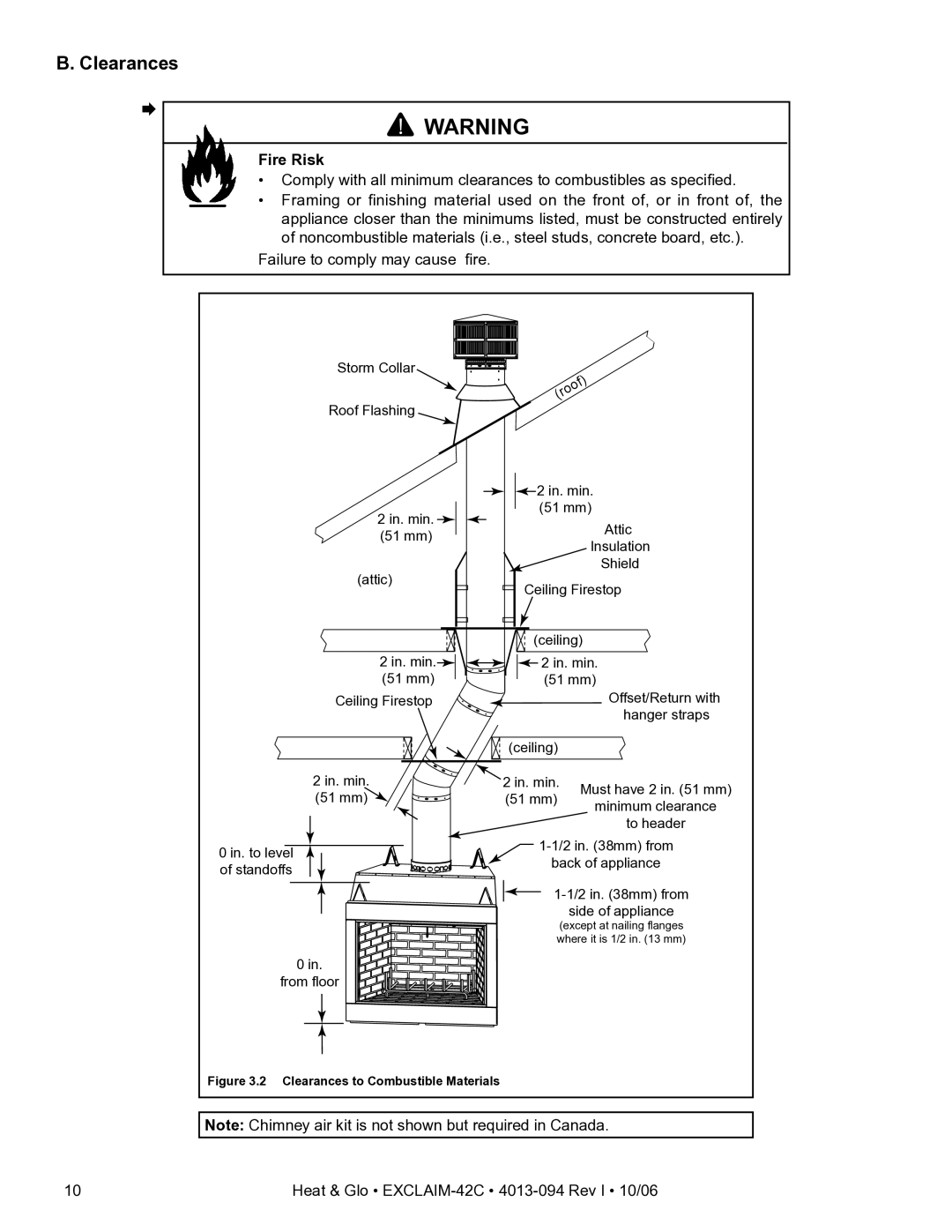 Heat & Glo LifeStyle EXCLAIM-42H-C, EXCLAIM-42T-C owner manual Clearances to Combustible Materials 