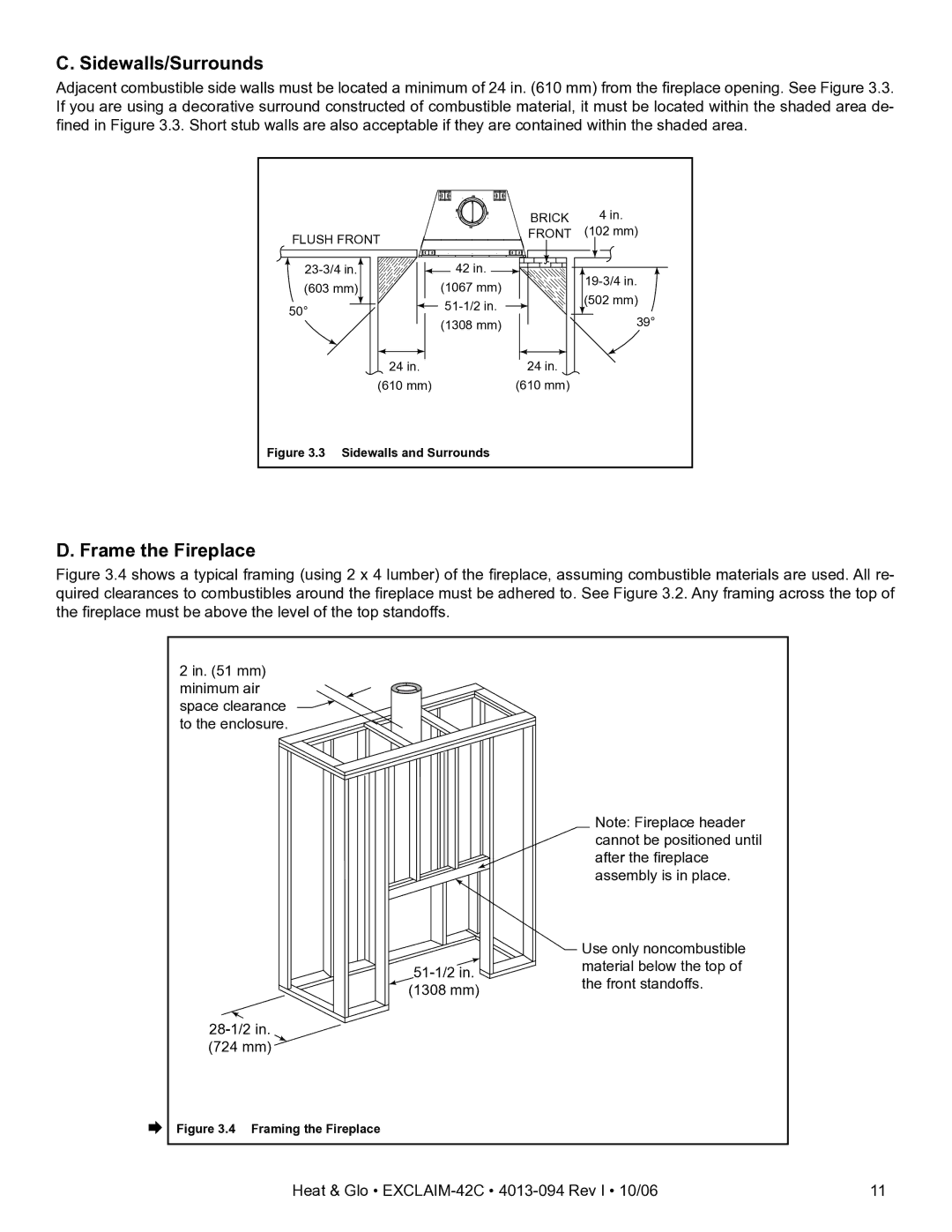 Heat & Glo LifeStyle EXCLAIM-42T-C, EXCLAIM-42H-C owner manual Sidewalls/Surrounds, Frame the Fireplace 