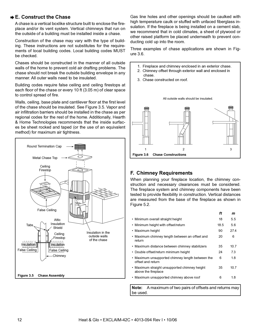 Heat & Glo LifeStyle EXCLAIM-42H-C, EXCLAIM-42T-C owner manual ¨E. Construct the Chase, Chimney Requirements 