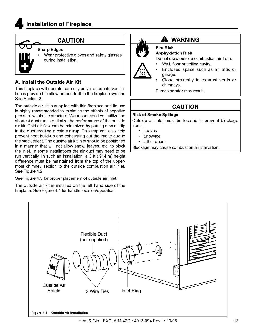 Heat & Glo LifeStyle EXCLAIM-42T-C Installation of Fireplace, Install the Outside Air Kit, Sharp Edges Asphyxiation Risk 