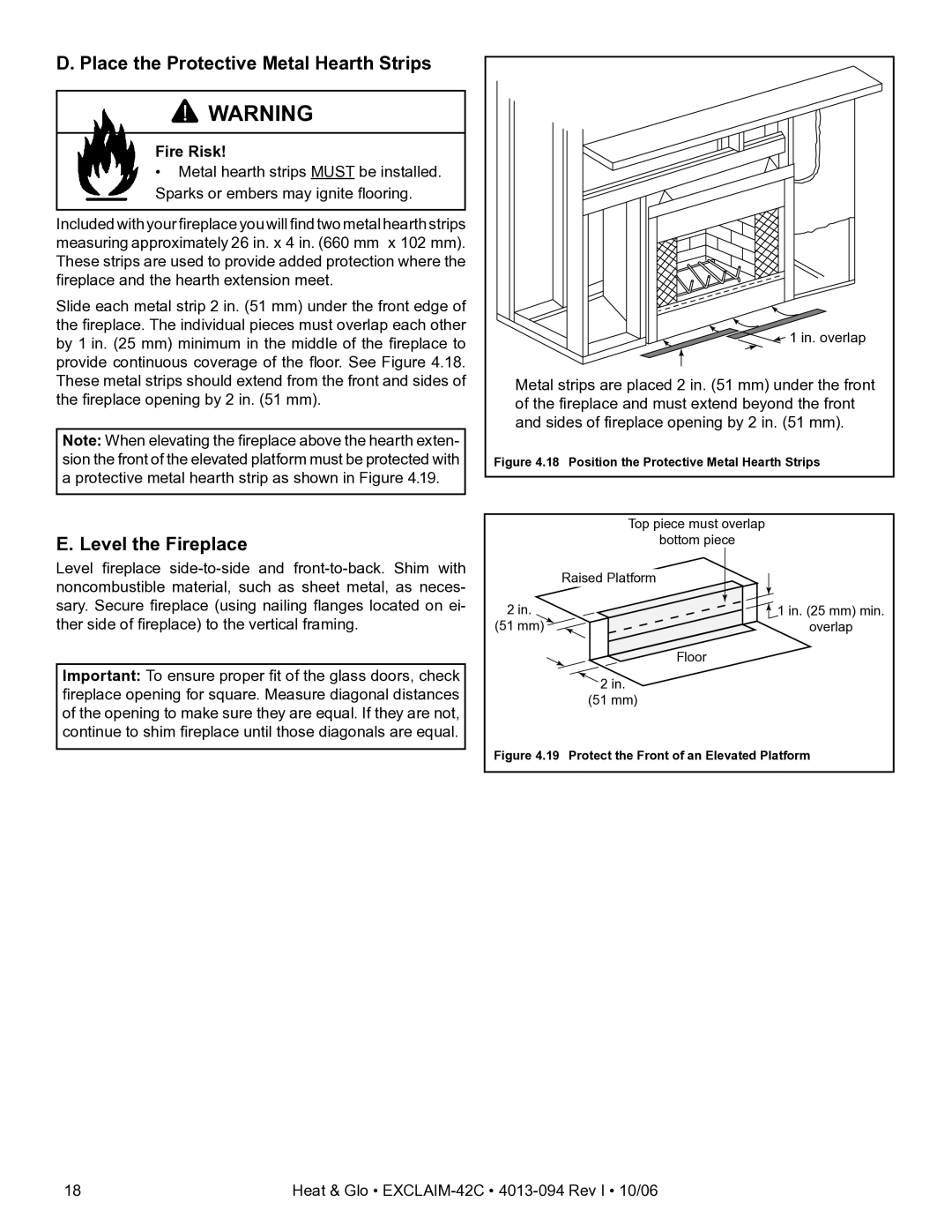 Heat & Glo LifeStyle EXCLAIM-42H-C, EXCLAIM-42T-C owner manual Place the Protective Metal Hearth Strips, Level the Fireplace 