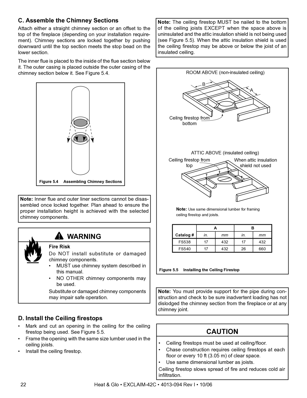 Heat & Glo LifeStyle EXCLAIM-42H-C, EXCLAIM-42T-C owner manual Assemble the Chimney Sections, Install the Ceiling ﬁrestops 