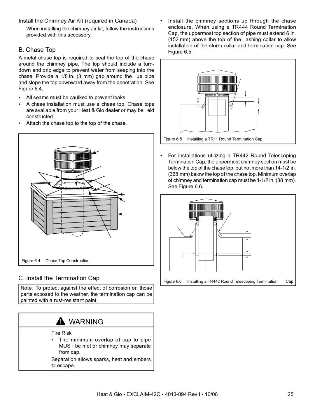 Heat & Glo LifeStyle EXCLAIM-42T-C, EXCLAIM-42H-C owner manual Chase Top, Install the Termination Cap 