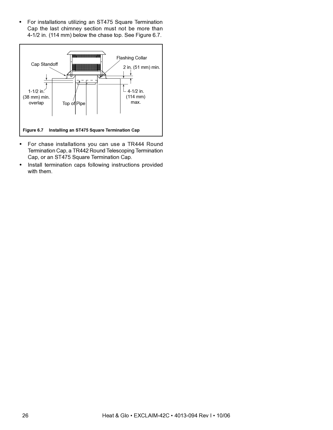 Heat & Glo LifeStyle EXCLAIM-42H-C, EXCLAIM-42T-C owner manual Installing an ST475 Square Termination Cap 