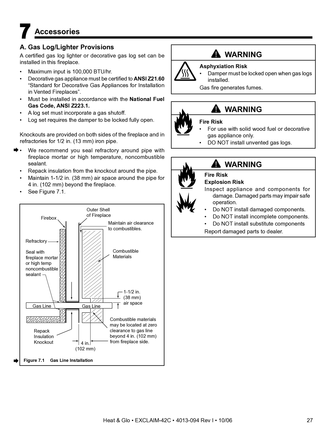 Heat & Glo LifeStyle EXCLAIM-42T-C, EXCLAIM-42H-C Accessories, Gas Log/Lighter Provisions, Gas Code, Ansi Z223.1 