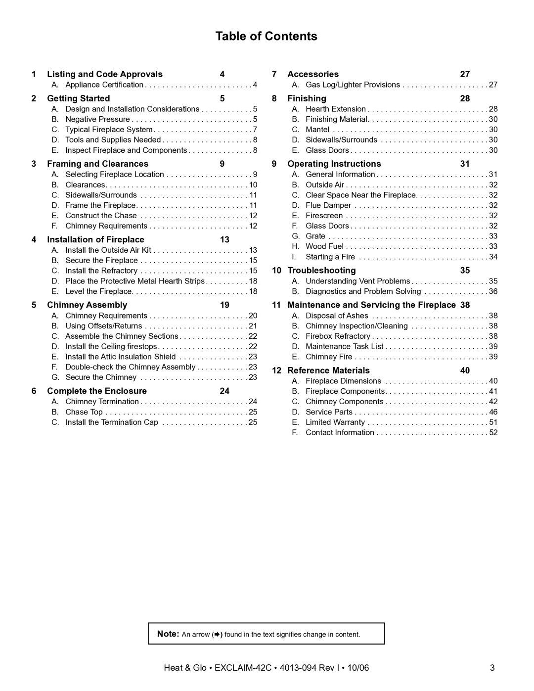 Heat & Glo LifeStyle EXCLAIM-42T-C, EXCLAIM-42H-C owner manual Table of Contents 