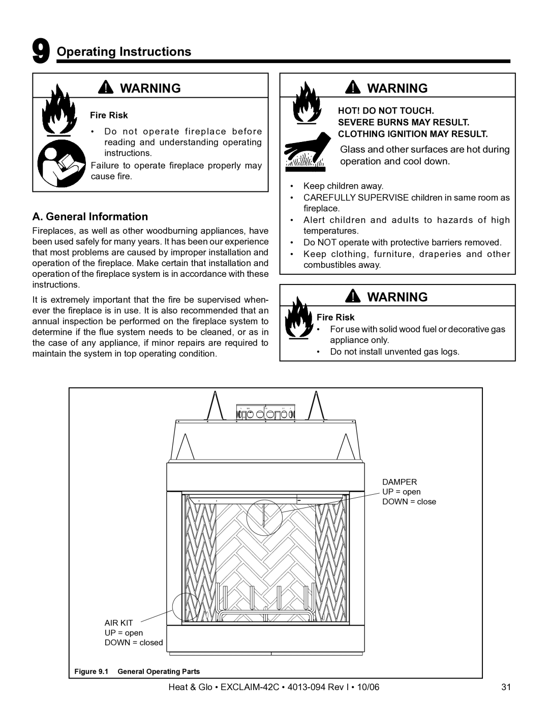 Heat & Glo LifeStyle EXCLAIM-42T-C, EXCLAIM-42H-C owner manual Operating Instructions, General Information 