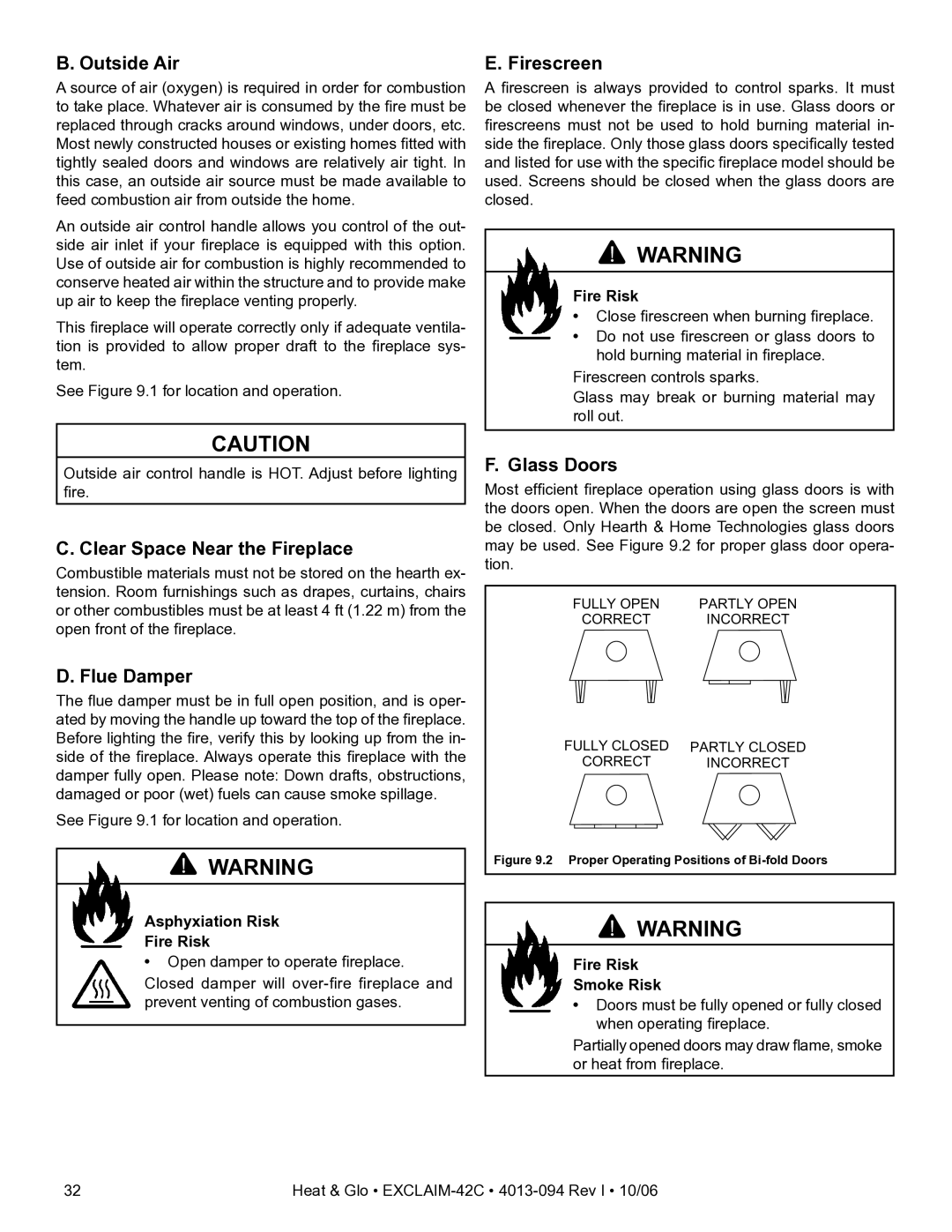Heat & Glo LifeStyle EXCLAIM-42H-C, EXCLAIM-42T-C Outside Air, Clear Space Near the Fireplace, Flue Damper, Firescreen 