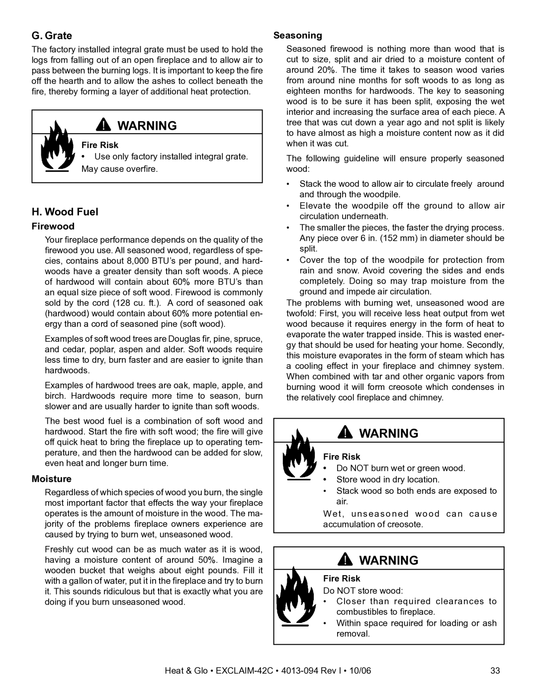 Heat & Glo LifeStyle EXCLAIM-42T-C, EXCLAIM-42H-C owner manual Grate, Wood Fuel 