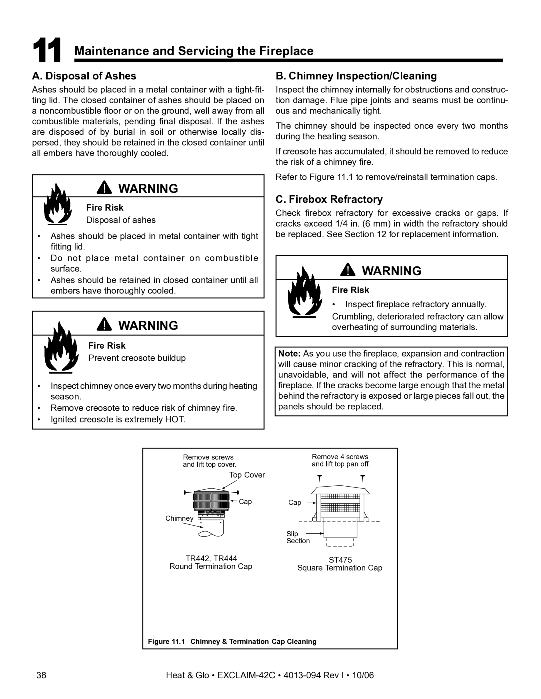 Heat & Glo LifeStyle EXCLAIM-42H-C Maintenance and Servicing the Fireplace, Disposal of Ashes, Chimney Inspection/Cleaning 